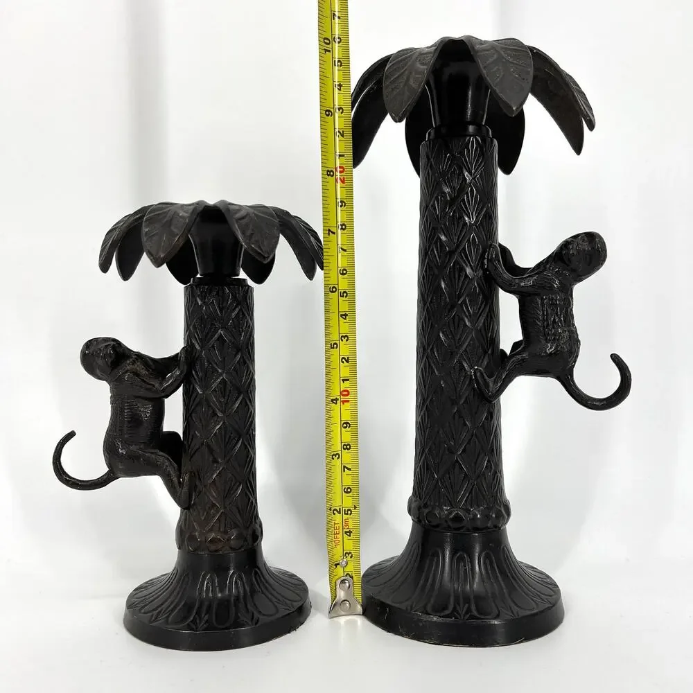 Vintage Bombay Metal Monkey Climbing Palm Tree Candlestick Holders Pair of Two